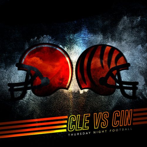 Social media post showing 2 football helmets; created to get the fans excited for the upcoming Thursday Night Football game between the Cleveland Browns and Cincinnati Bengals.