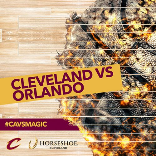 Social media post of a basketball on fire getting fans excited for the basketballe game with the Cleveland Cavs and the Orlando Magic.