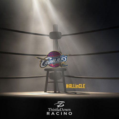 Social media post of the Cleveland Cavs logo in the corner of a boxing ring to signify that the light is on them in the playoffs.