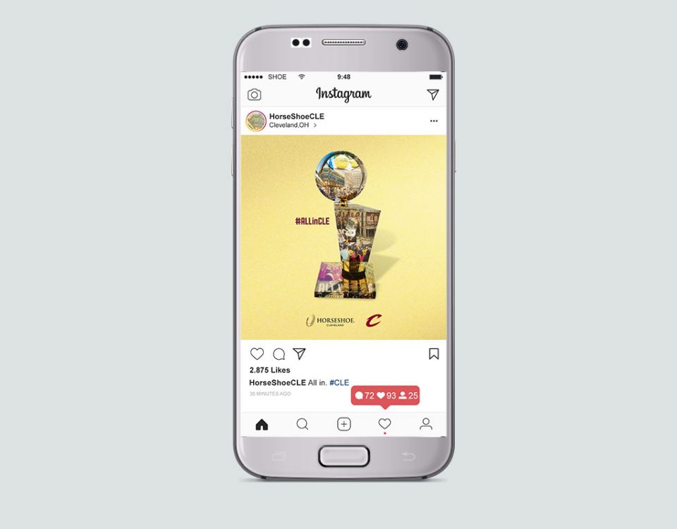 Samsung model phone showing a social media post on instagram that I created for the casino